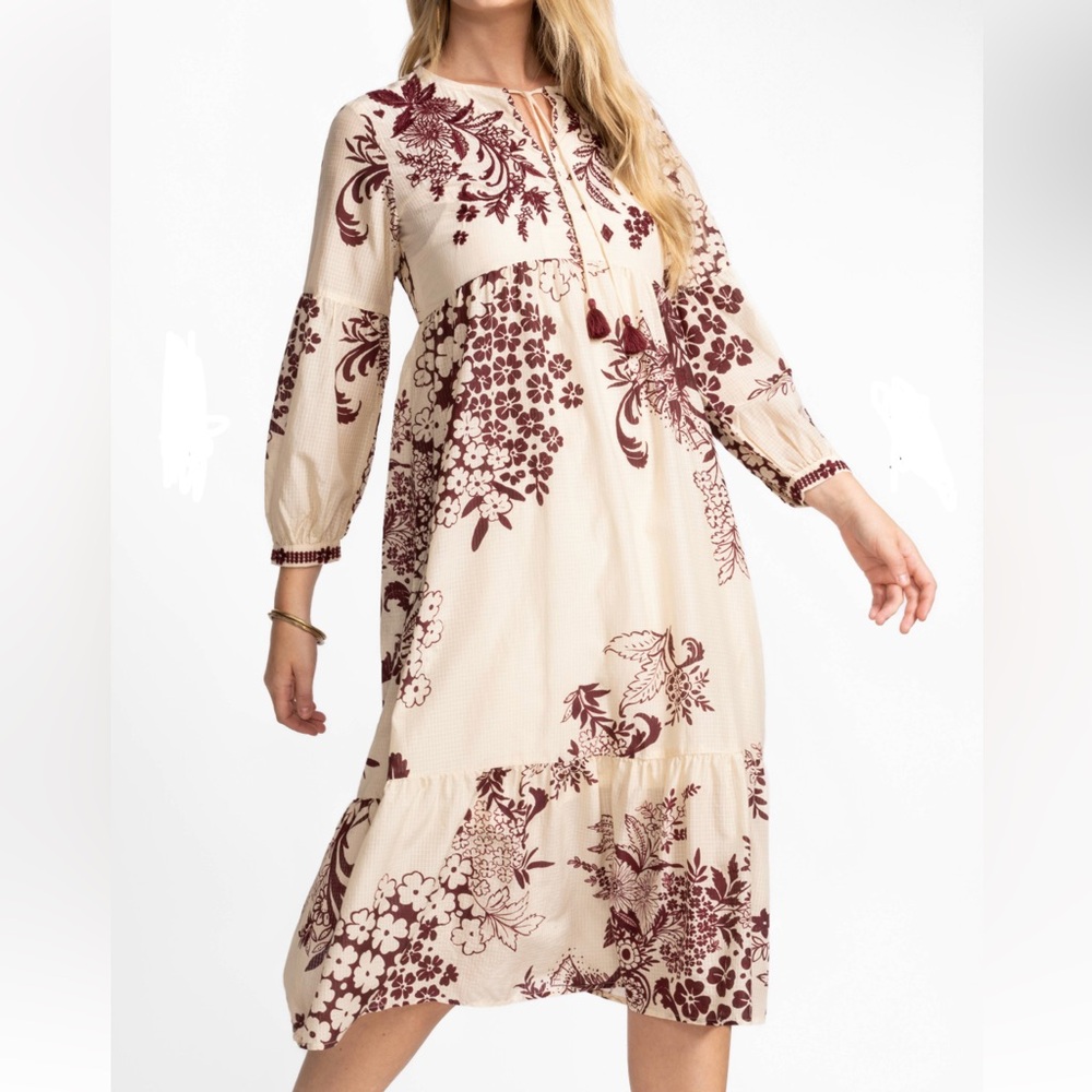 Johnny Was NWT Aquijio Tiered Midi Dress & Slip Small Ecru Cream Burgundy